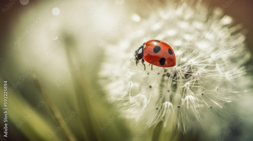 Ladybug on white dandelion.  Illustration AI Generative.