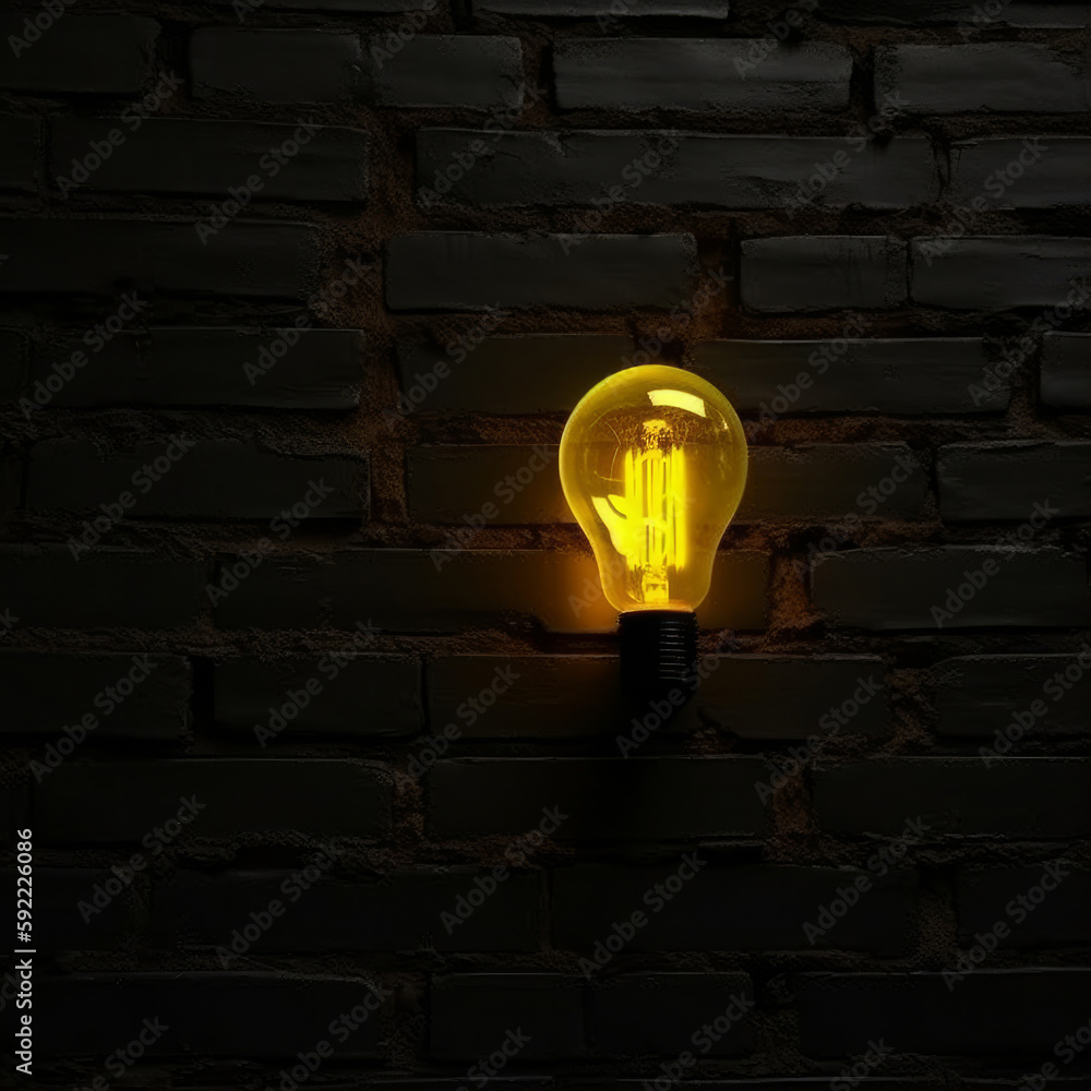 Yellow lighting bulb on dark background. Illustration AI Generative.