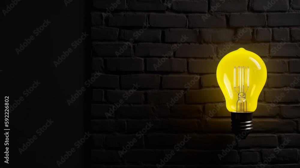 Yellow lighting bulb on dark background. Illustration AI Generative.