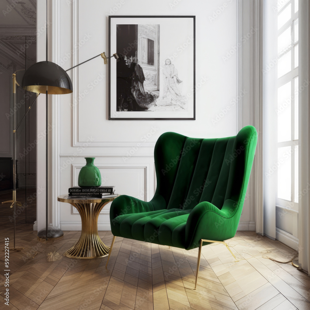 Modern interior with vivid chair. Illustration AI Generative.