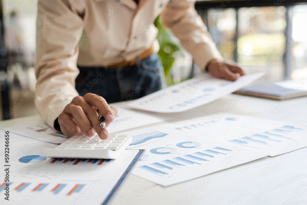 Businessman pointing at financial chart document and statistical market growth analysis. Accounting 