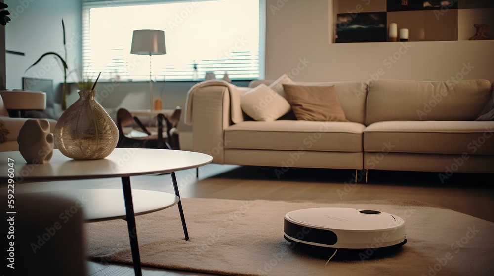 Autonomous robot cleaner vacuuming a living room in a smart home, showcasing advanced technology and