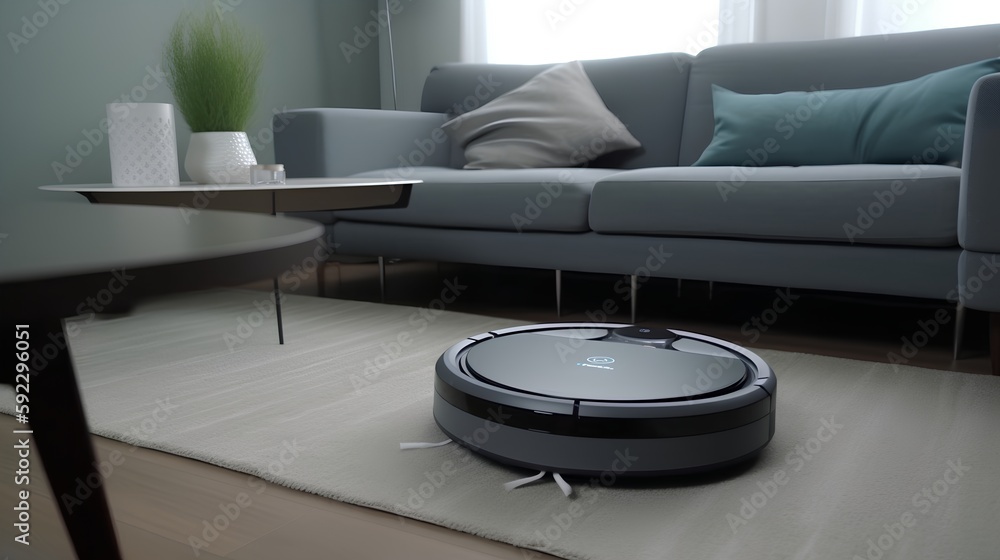 Autonomous robot cleaner vacuuming a living room in a smart home, showcasing advanced technology and