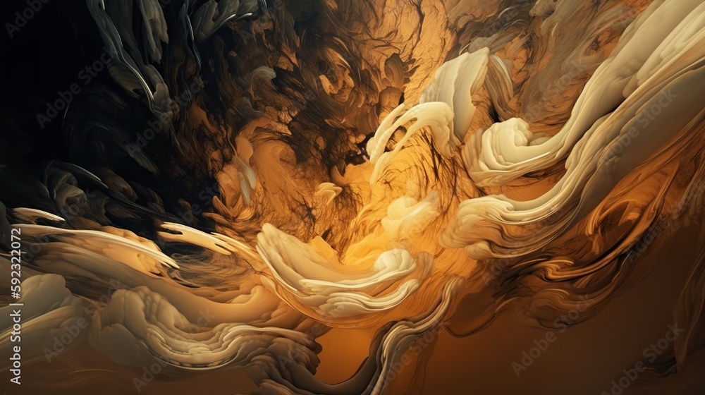 Closeup of caramel vortex. Swirl of sweet golden cream. Generative AI