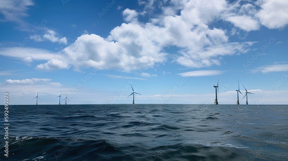 Offshore Windmill farm in the ocean, windmills isolated at sea on a sunny day. Generative AI