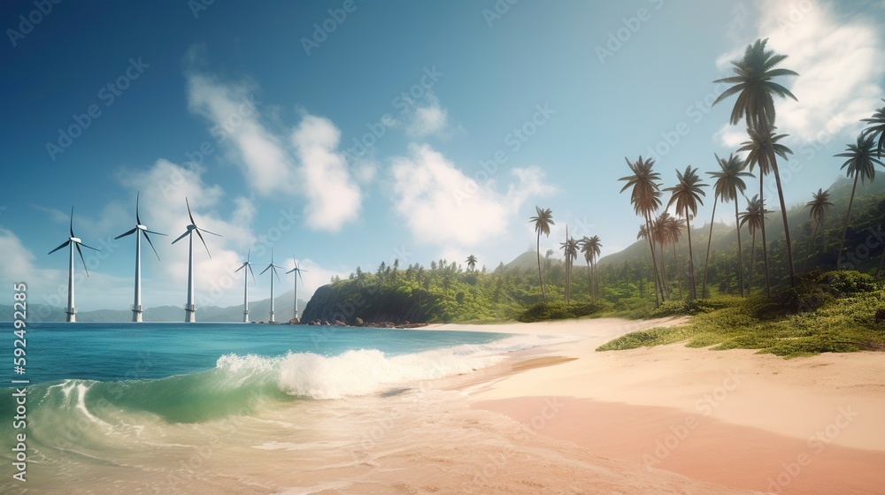 Windmill farm on the tropical ocean shore, windmills on a sunny day. Generative AI