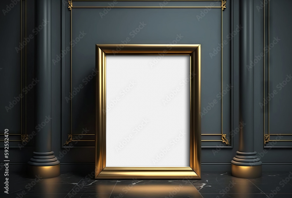 Gold frame in dark modern interior mockup. Generative Ai