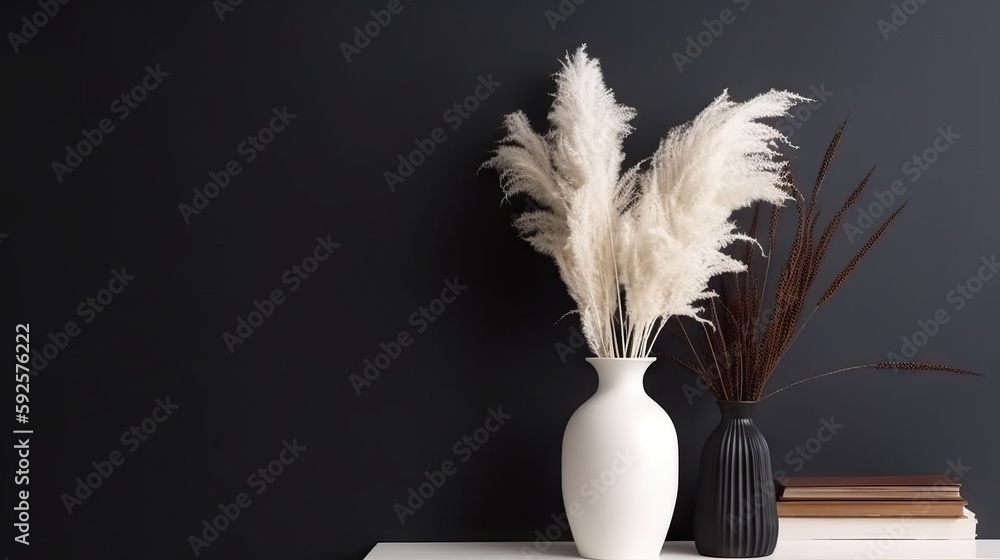 Vase with decorative plant branch against black wall background. Minimalist interior mockup. Generat