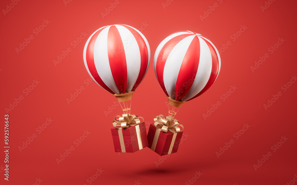 Hot air balloon and gift box, 3d rendering.