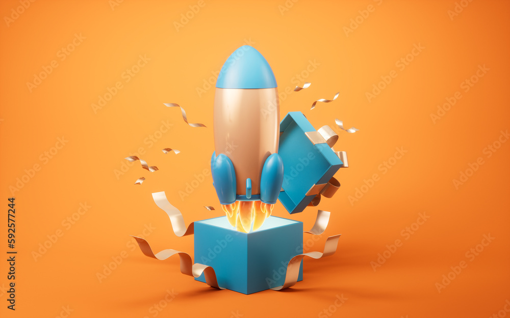 Opening gift box and rocket, 3d rendering.