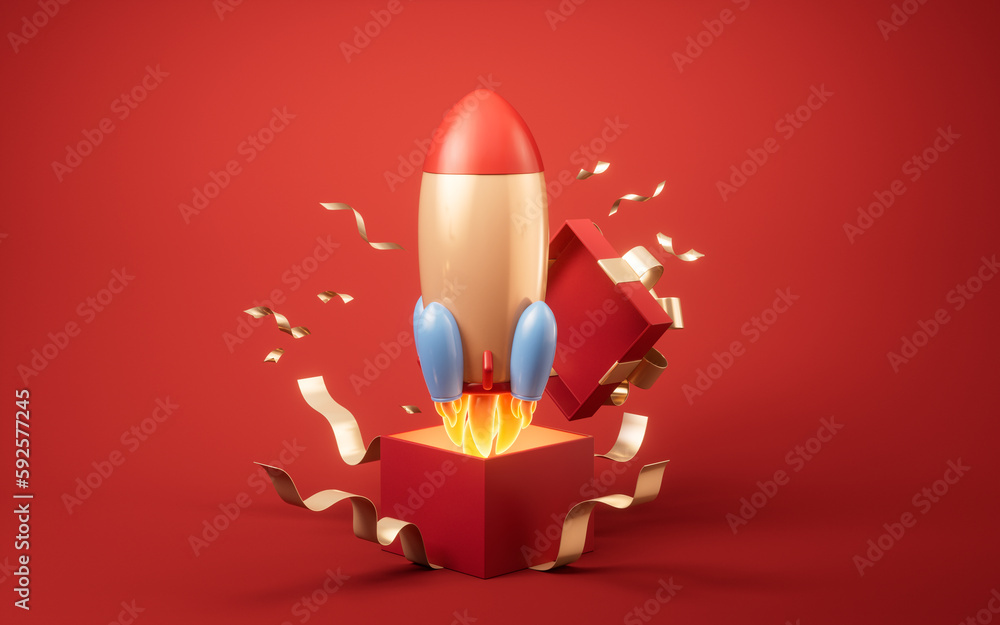 Opening gift box and rocket, 3d rendering.