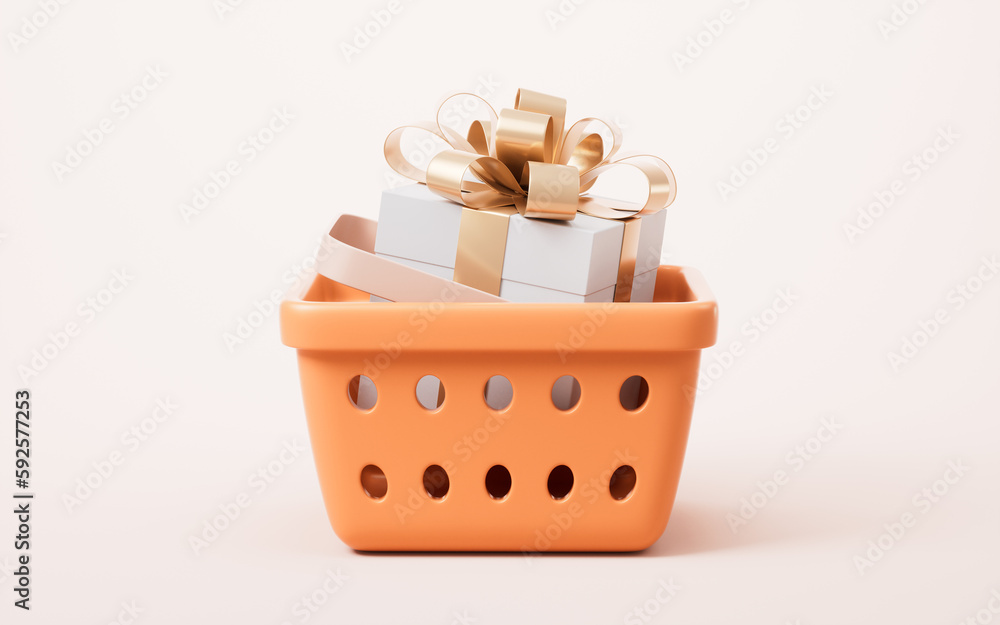 Gift box and shopping basket, 3d rendering.