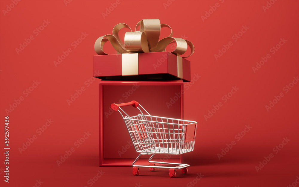 Gift box and shopping cart, 3d rendering.