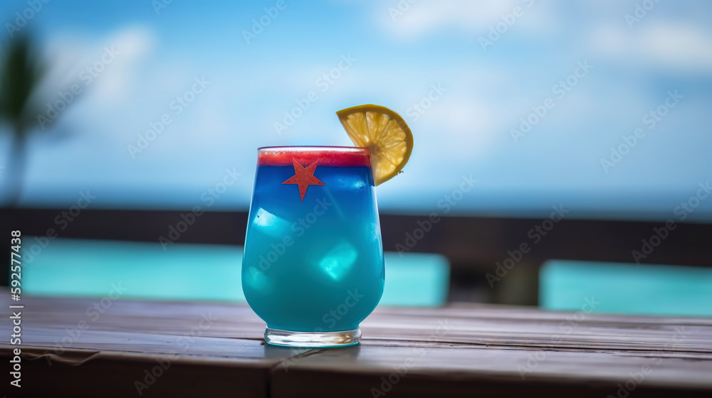 Captain America cocktail on background with blue sea and sky tropical background. Generative AI