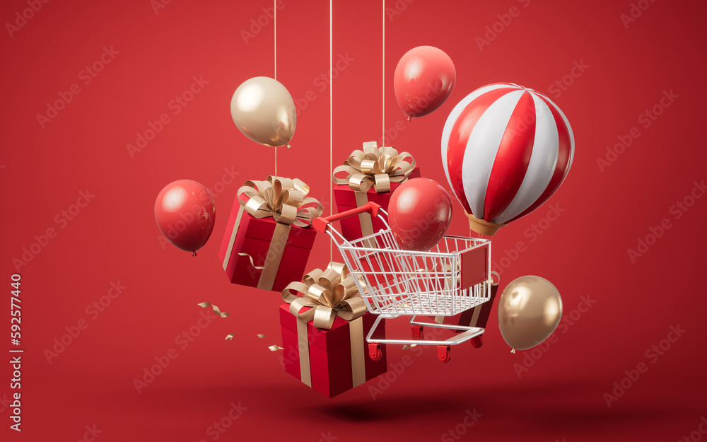 Gift box and shopping cart, 3d rendering.