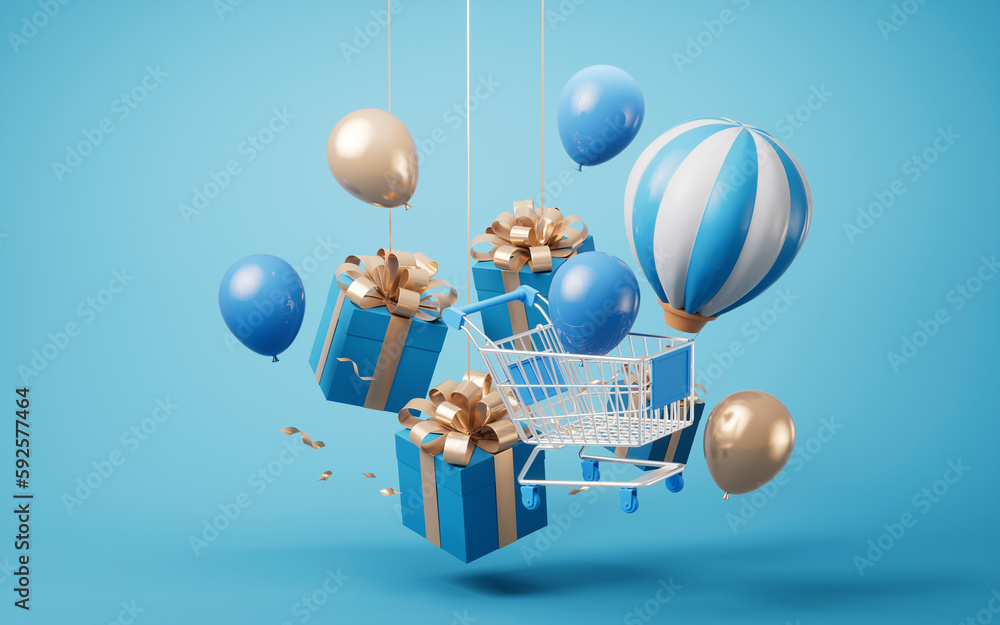 Gift box and shopping cart, 3d rendering.