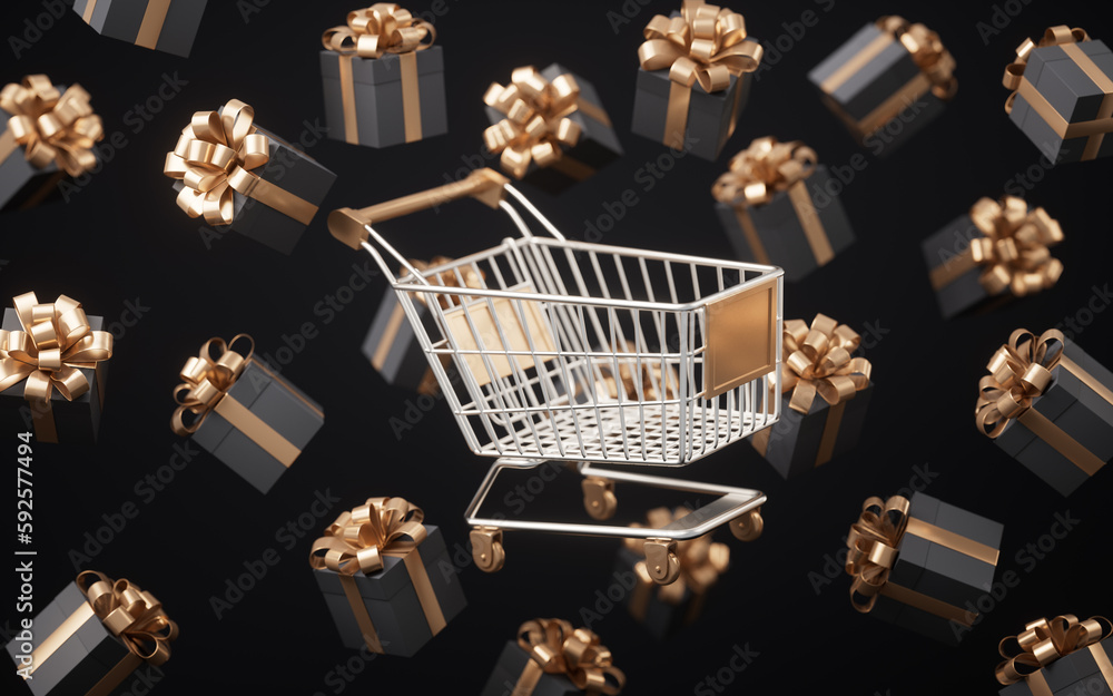 Gift box and shopping cart, 3d rendering.