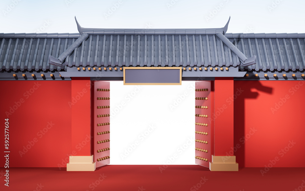 Chinese ancient door, traditional architecture, 3d rendering.