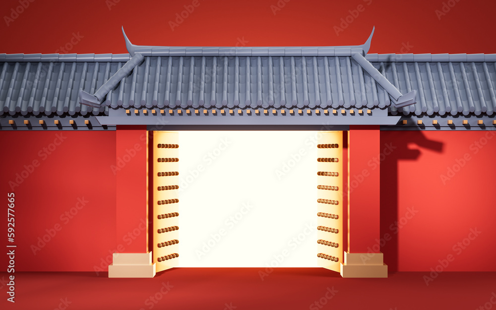 Chinese ancient door, traditional architecture, 3d rendering.