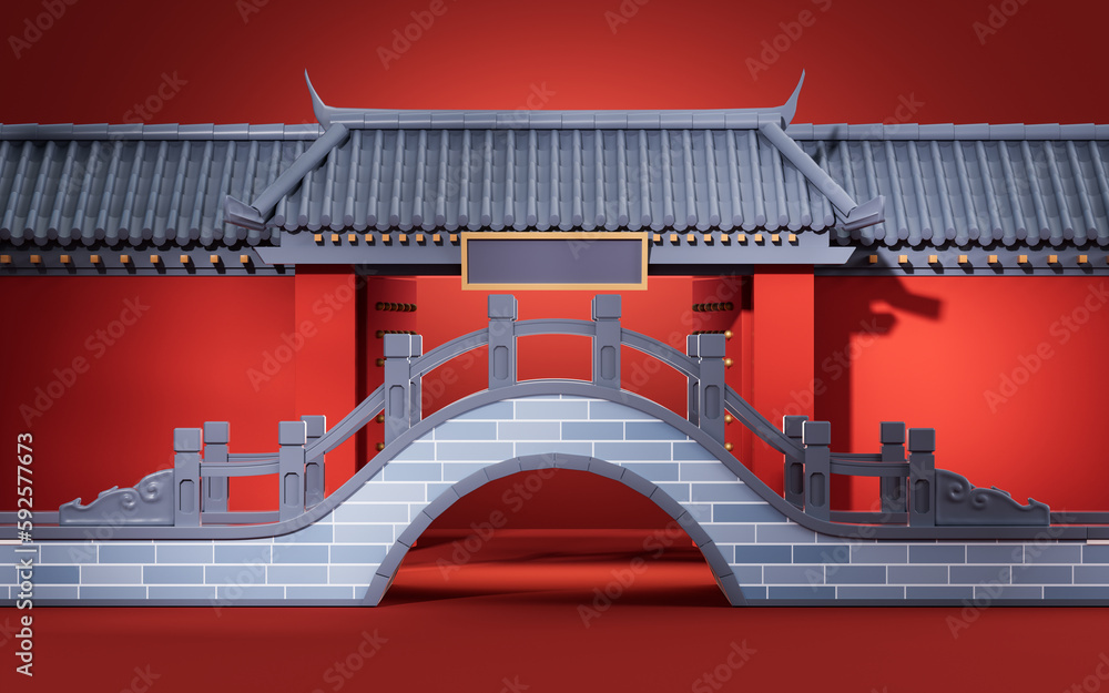 Chinese ancient bridge, traditional architecture, 3d rendering.