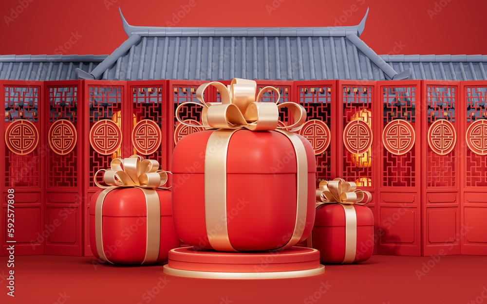 Gift box with Chinese ancient building background, 3d rendering.