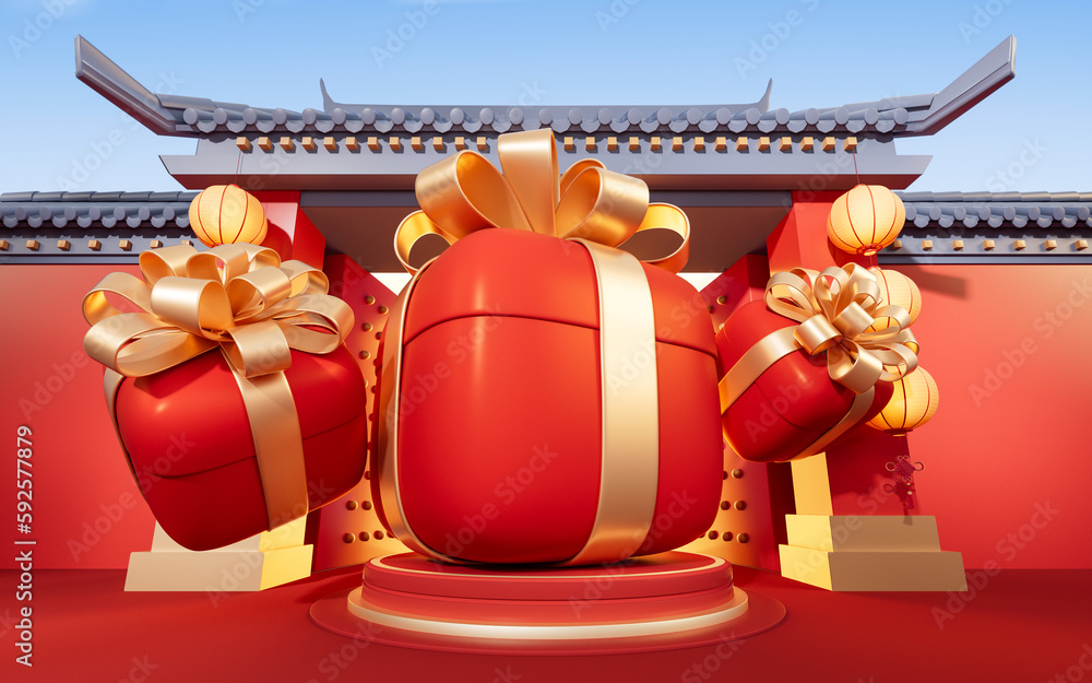 Gift box with Chinese ancient building background, 3d rendering.