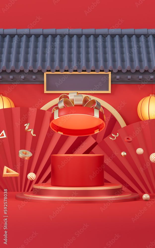 Opening gift box with Chinese ancient building, 3d rendering.