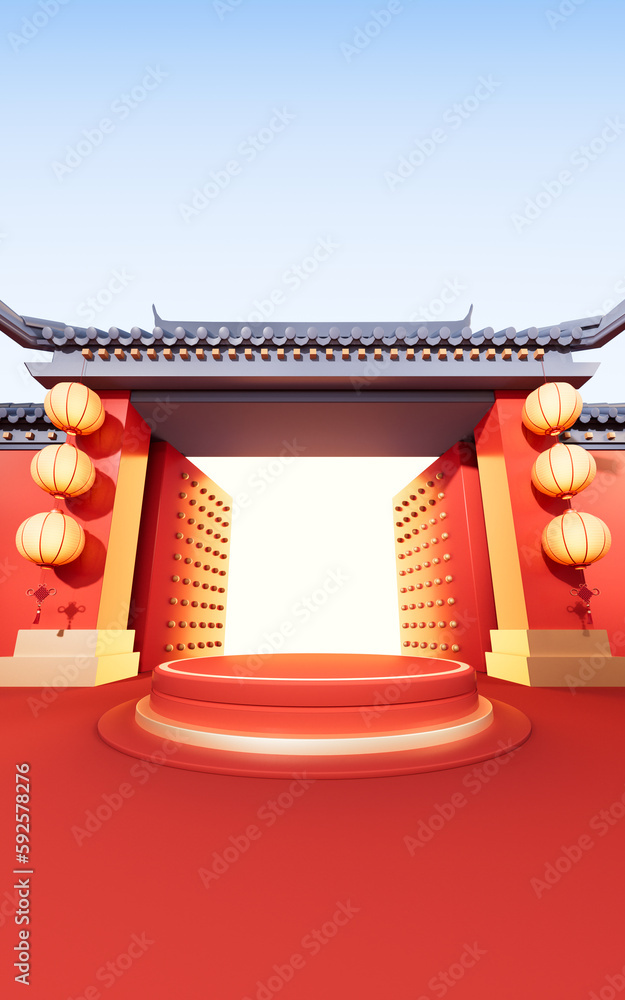 Empty stage with Chinese ancient building, 3d rendering.