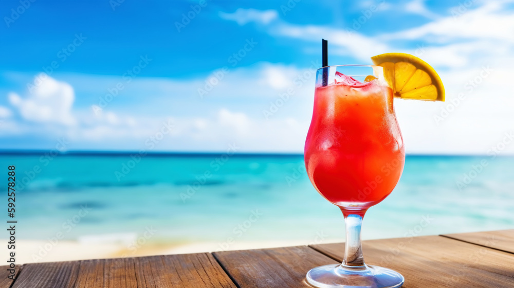 Bahama Mama cocktail on background with blue sea and sky tropical background. Generative AI