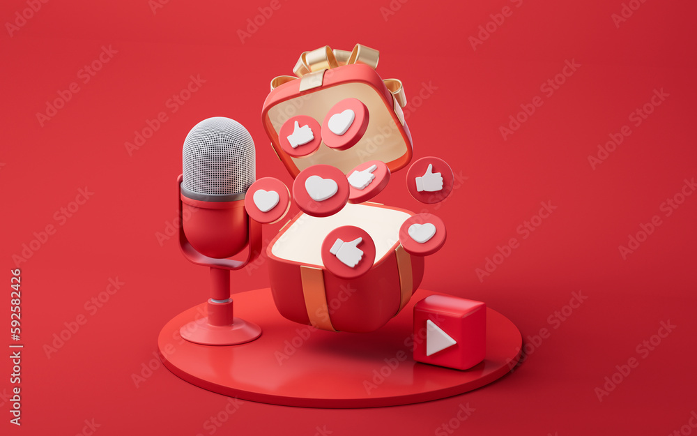 Microphone live streaming and gift boxes, 3d rendering.