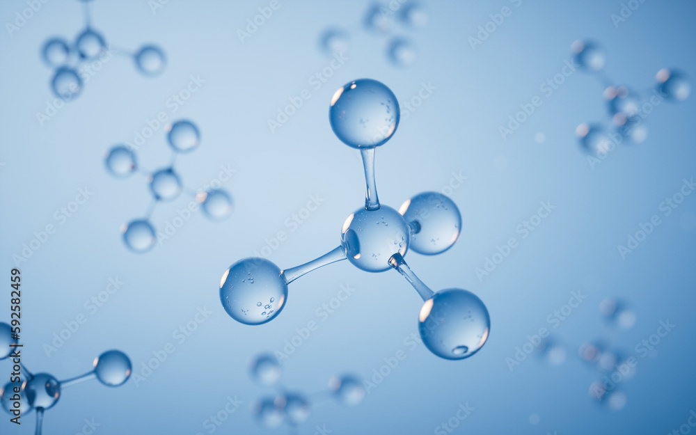 Molecules with blue background, 3d rendering.