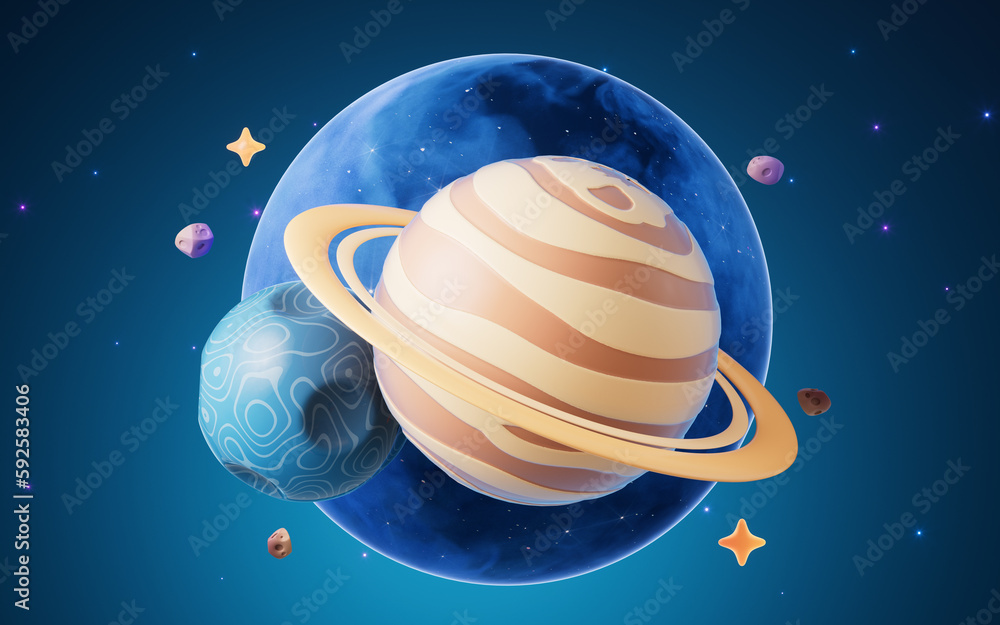 Cartoon style planet in the outer space, 3d rendering.