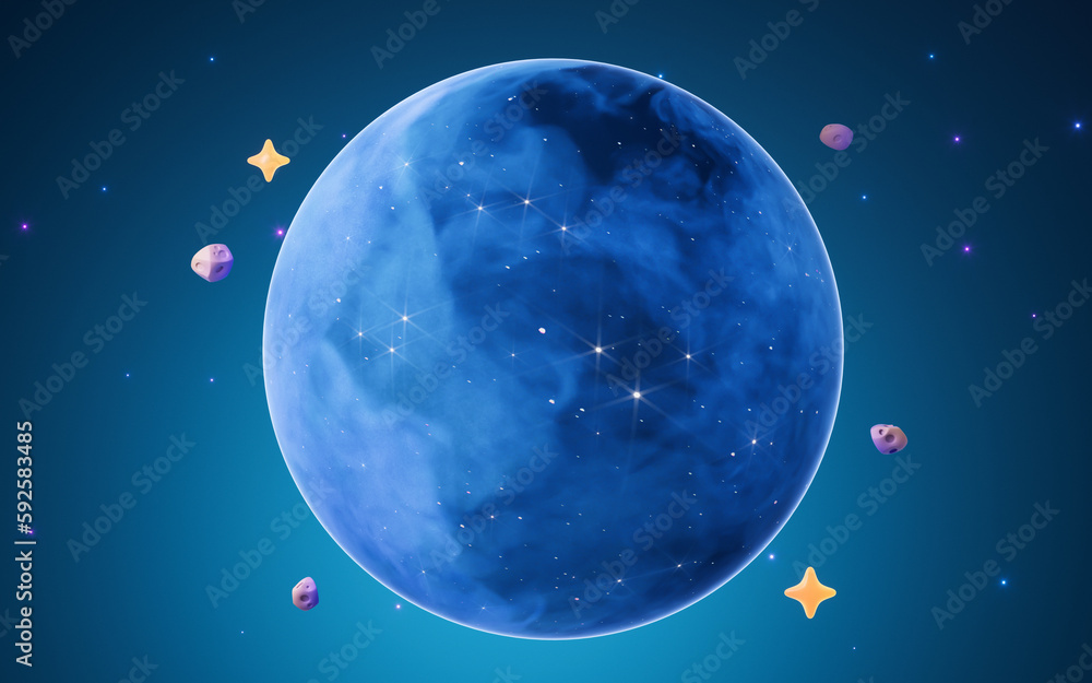 Cartoon style planet in the outer space, 3d rendering.