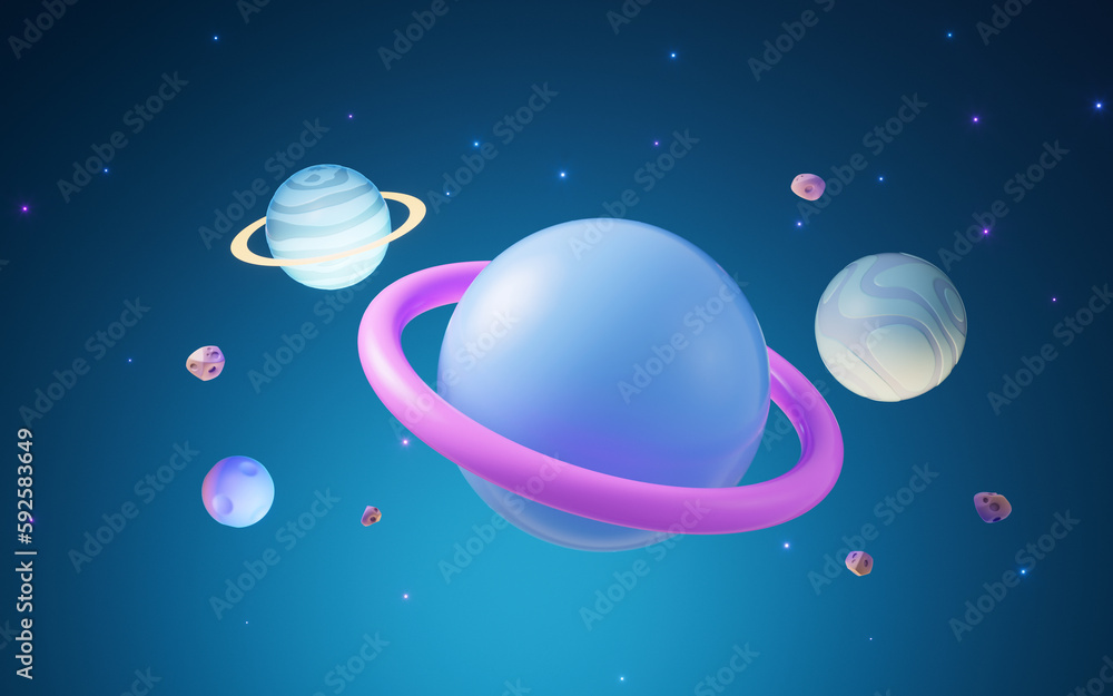 Cartoon style planet in the outer space, 3d rendering.