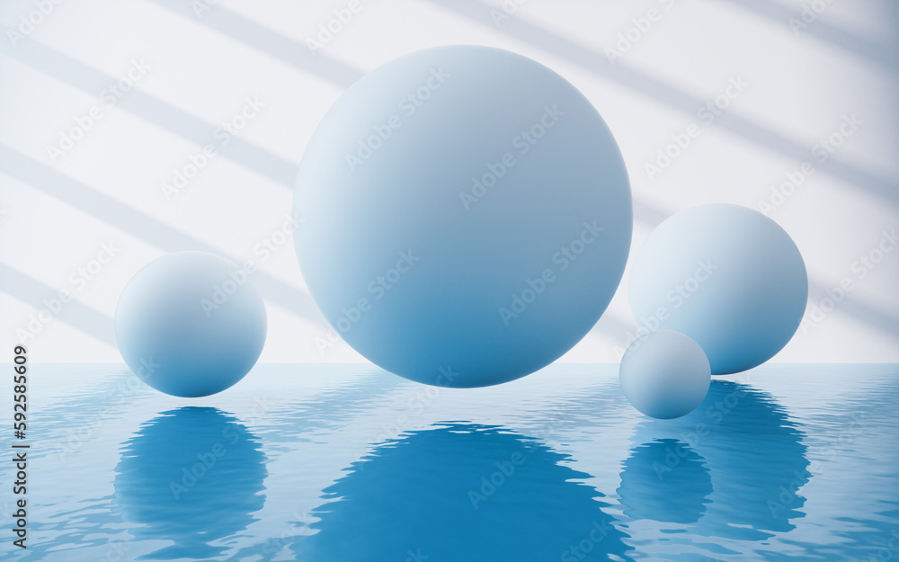 White spheres with water surface, 3d rendering.