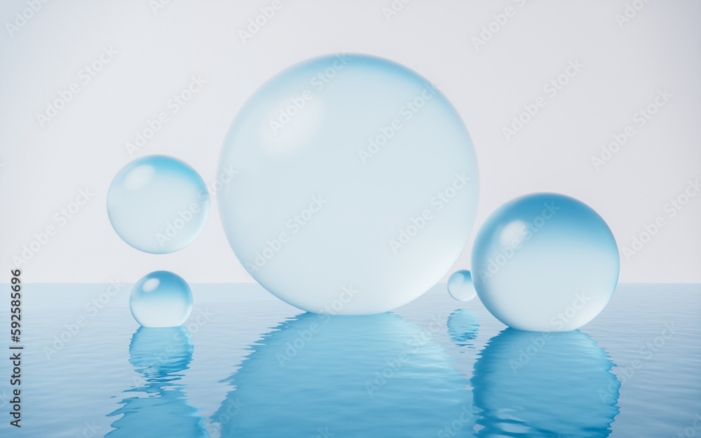 Transparent bubbles with water surface, 3d rendering.