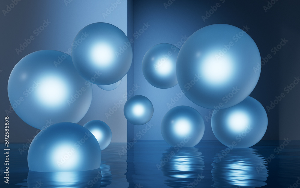 Transparent balls with water surface, 3d rendering.