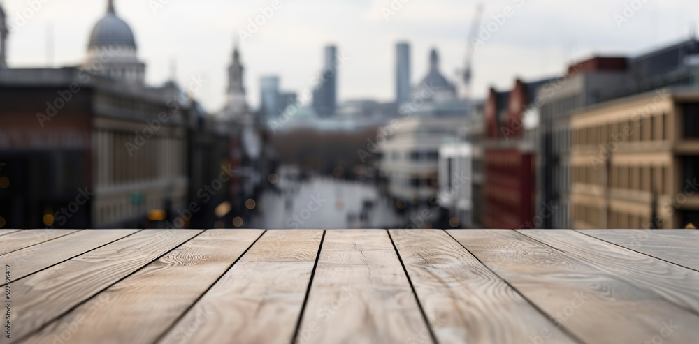 Wood table mockup with London city street in shallow depth of field. Copy space for product. Generat