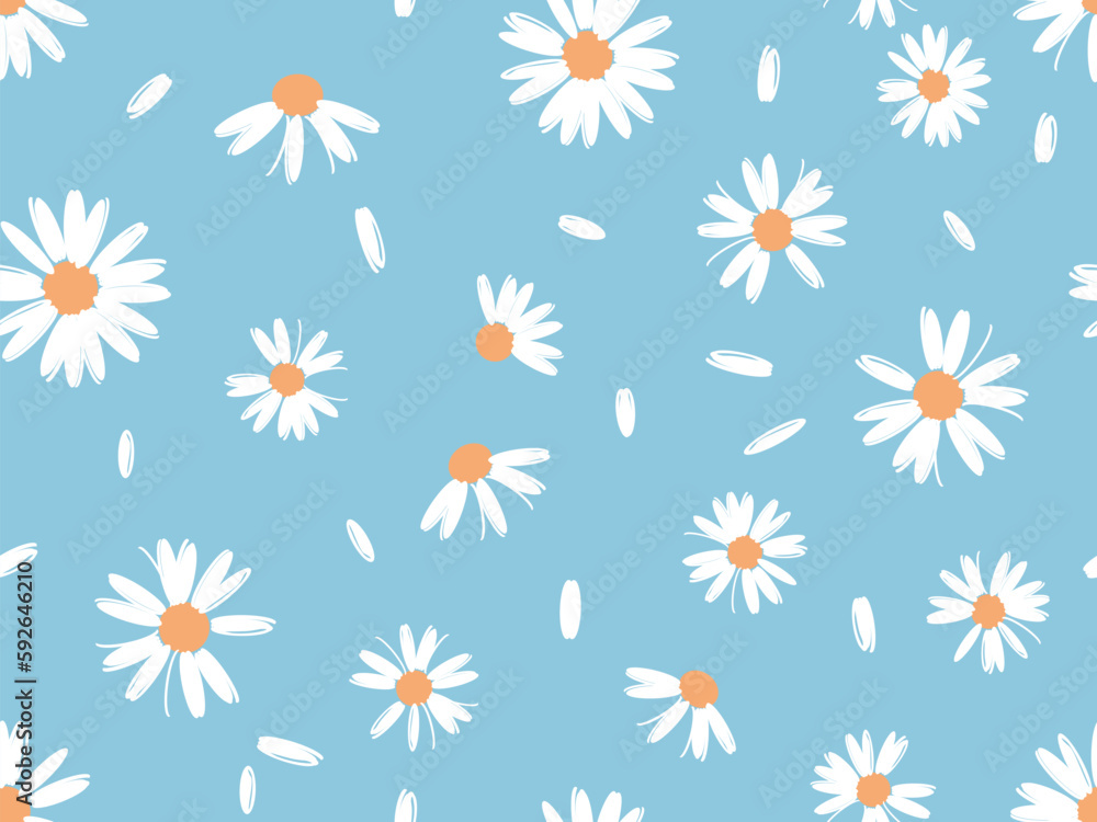 Seamless pattern with daisy flower on blue background vector illustration.