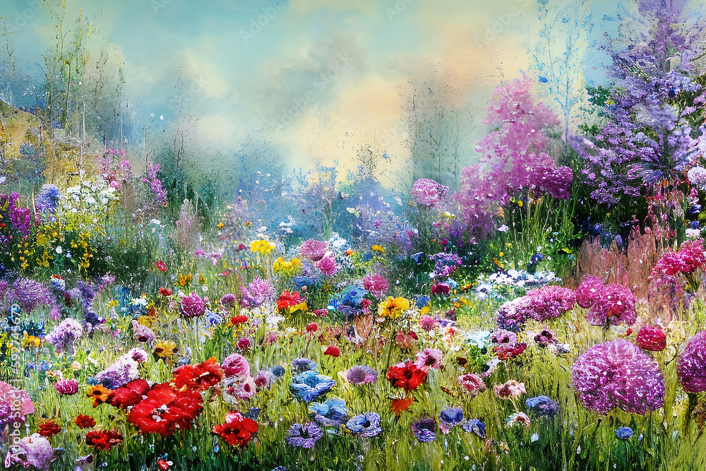 Watercolor flowers landscape background, abstract flowers made from watercolor paint splashes summer