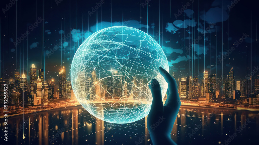 Man hand holds an electronic globe while looking at the city. Illustration AI Generative.