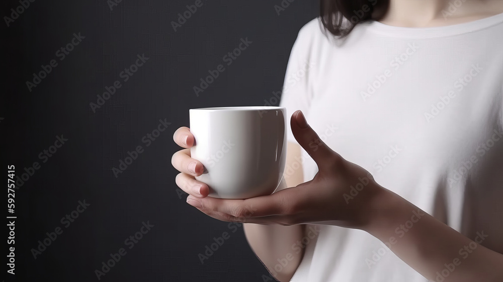 Girl with white mockup mug. Illustration AI Generative.