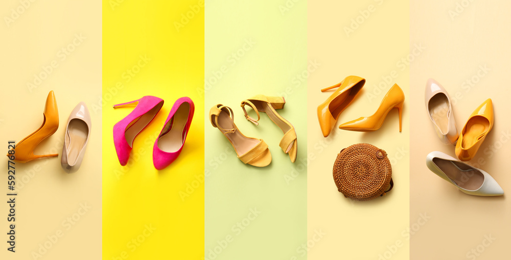 Collage with stylish high heeled shoes and bag on color background