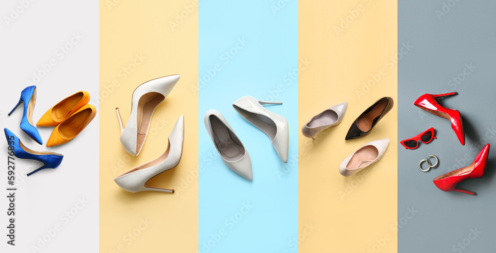 Collage with stylish high heeled shoes and accessories on color background