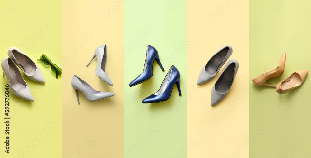 Collage with stylish high heeled shoes on color background