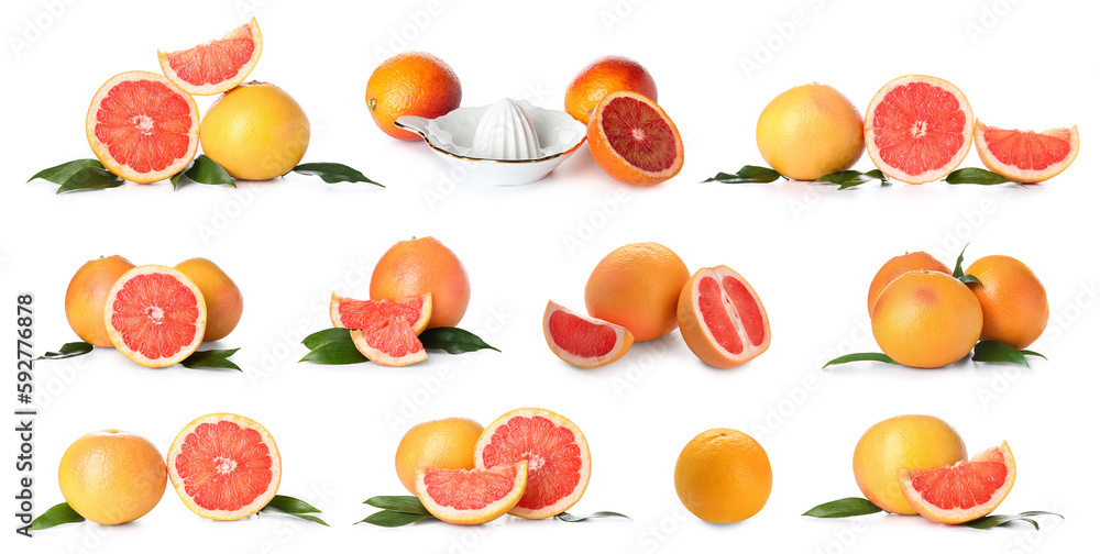 Set of ripe grapefruits on white background