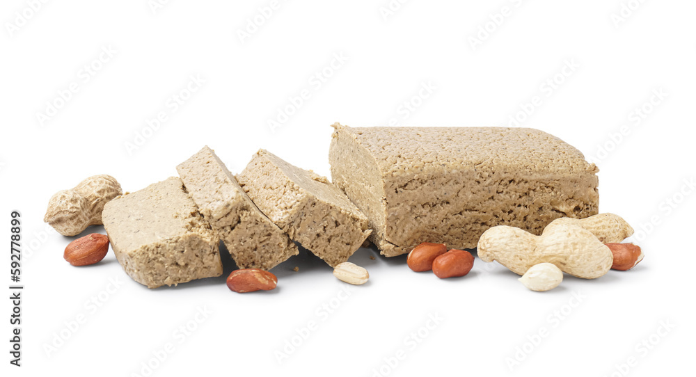 Sweet halva with peanuts on white background