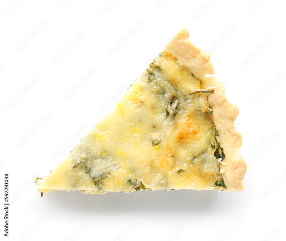 Piece of delicious quiche isolated on white background