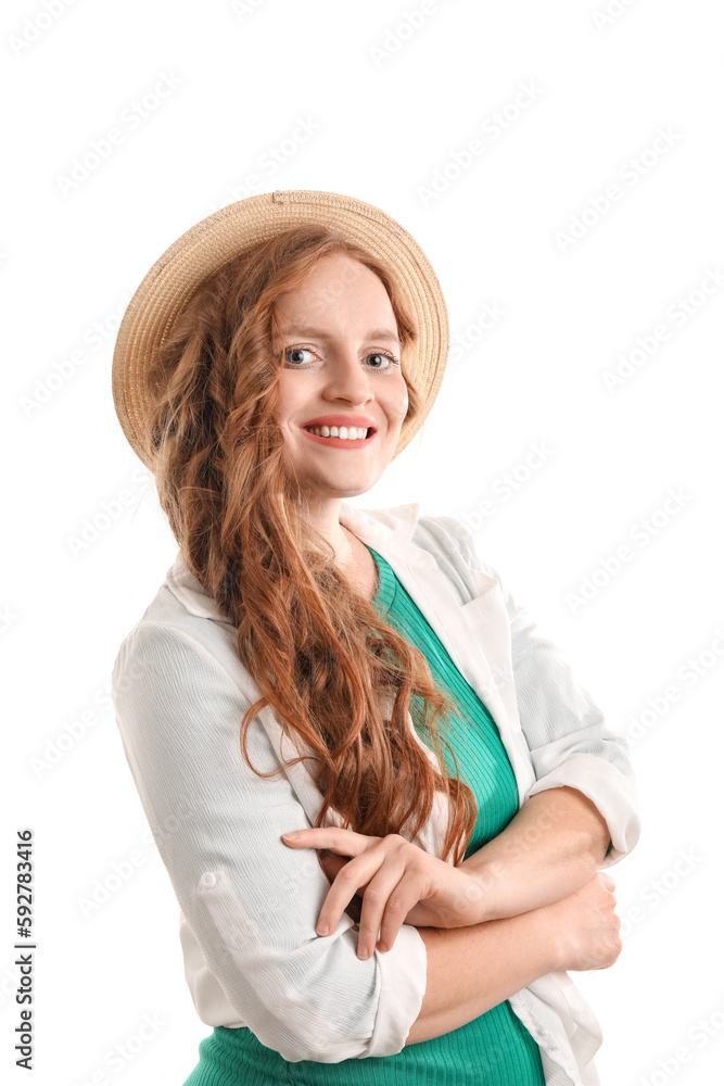 Beautiful woman with red hair on white background