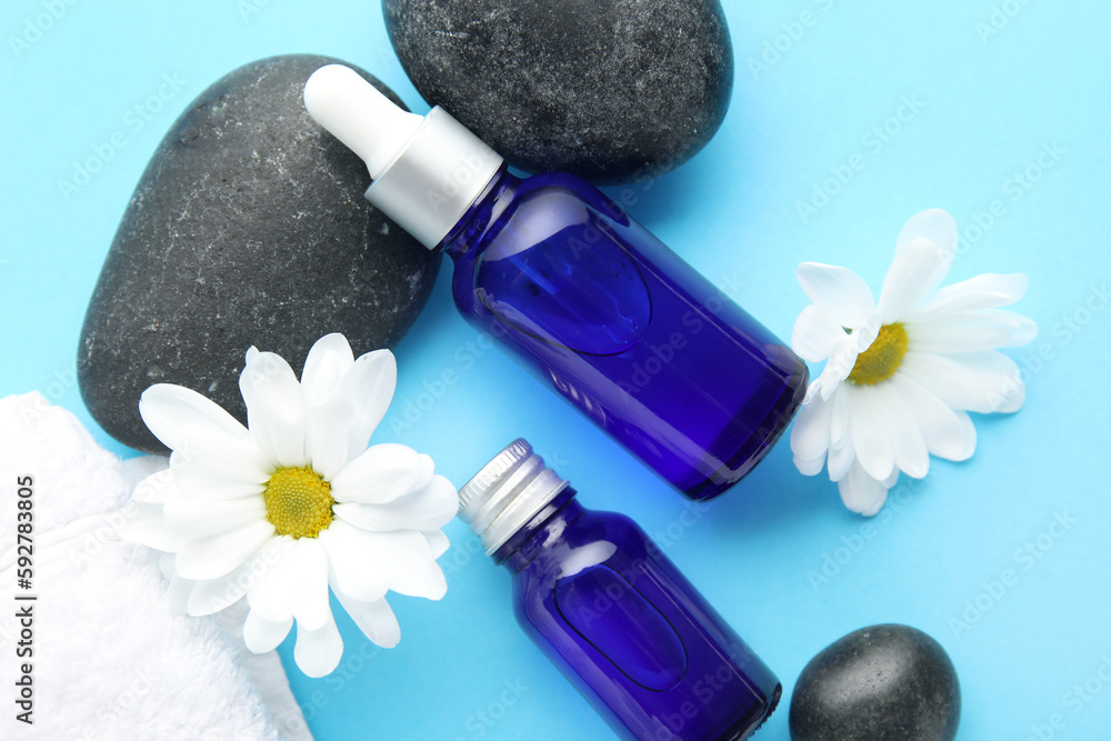 Composition with bottles of cuticle oil, spa stones and chamomile flowers on color background, close